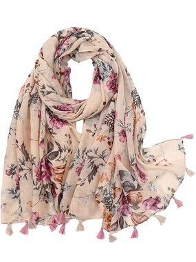Floral Tassel Lightweight Scarf - Pink Beige